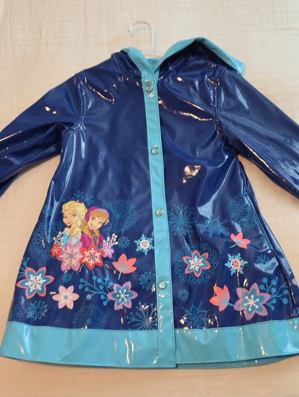 Disney Frozen Girls' Navy Blue Hooded Raincoat with Floral Print